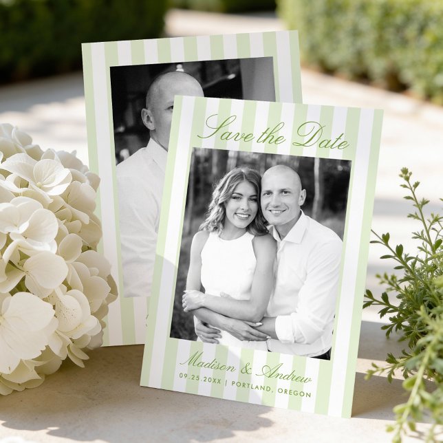 Reserve A Data Casamento de Foto com Listras Verdes Clássicas (Criador carregado)