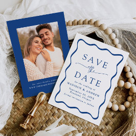 Reserve A Data Casamento de Foto com Moldura Ondulada Azul Modern