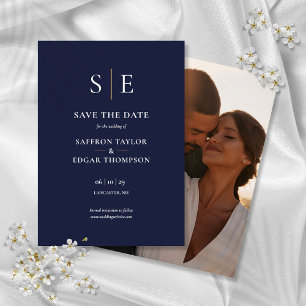 Reserve A Data Casamento de Foto com Monograma em Azul Marinho e