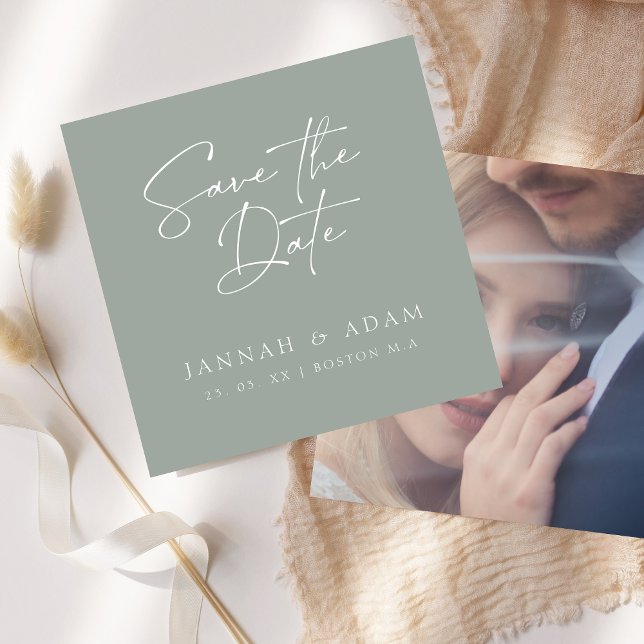 Reserve A Data Casamento de Foto com Rótulo em Verde Sage Minimal (Criador carregado)