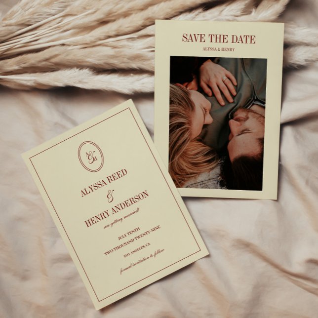 Reserve A Data Casamento de Foto de Casal com Monograma de Marfim (Criador carregado)