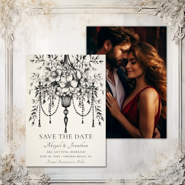 Reserve A Data Casamento de Foto de Chandelier Floral Elegante (Elegant Floral Chandelier Photo Wedding Save The Date)