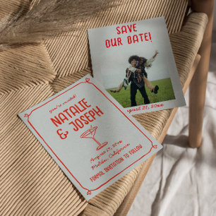 Reserve A Data Casamento De Foto De Coquetel Azul Vermelho Desenh