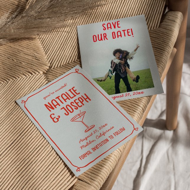 Reserve A Data Casamento De Foto De Coquetel Azul Vermelho Desenh (Criador carregado)