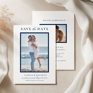 Reserve A Data Casamento de Foto de Dois Lados Azul-Navy Elegante