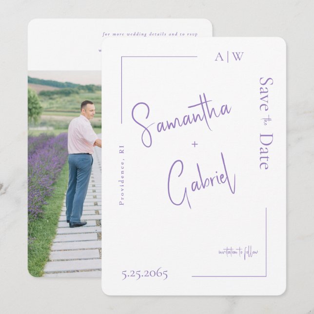 Reserve A Data Casamento de Foto de Lavanda Contemporâneo Salvar  (Frente/Verso)