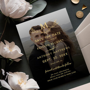 Reserve A Data Casamento de Foto de Monograma Dourado e Preto Ele