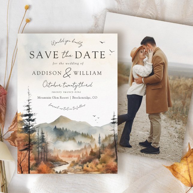 Reserve A Data Casamento de Foto de Montanha em Aquarela de Outon (Watercolor Fall mountain trees  forest landscape boho chic photo Autumn wedding save the date card)