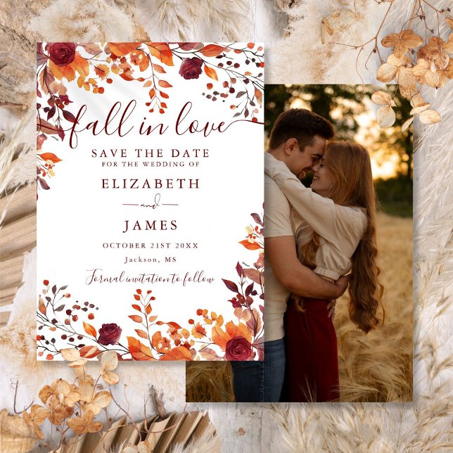 Reserve A Data Casamento de Foto de Outono Rústico de Borgonha (Burgundy Rustic Fall Autumn Photo Wedding Save The Date)