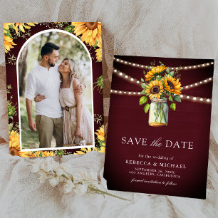Reserve A Data Casamento de Foto de Sunflower Burgundy Mason Jar