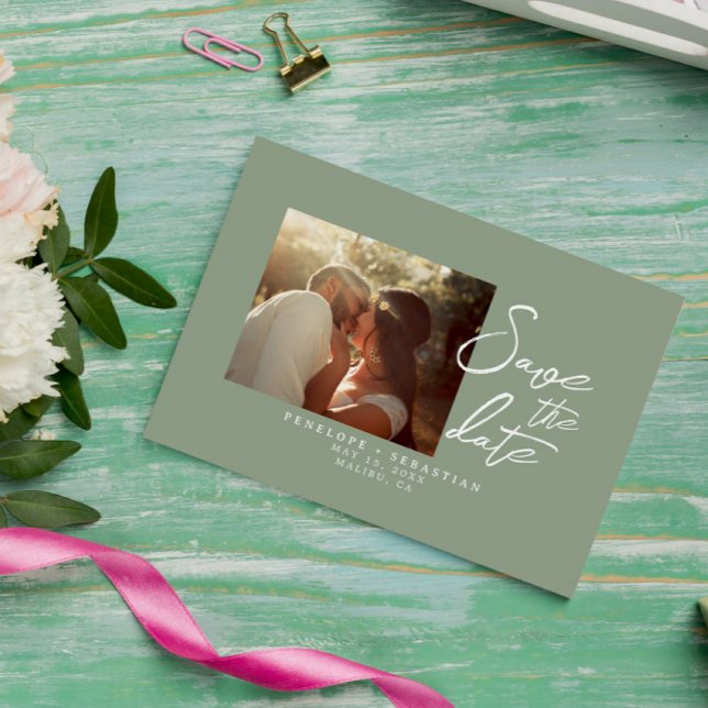 Reserve A Data Casamento de Foto do Boho com Caligrafia Verde Sim (Criador carregado)