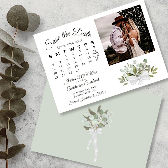 Reserve A Data Casamento de Foto do Calendário Rustic Eucalyptus  (Front and Back)