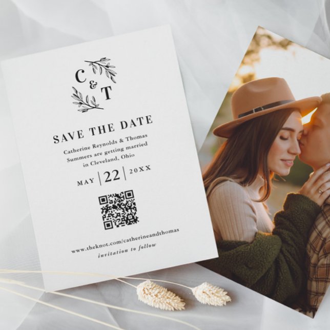 Reserve A Data Casamento de Foto do Código QR do Monograma Elegan (Minimal Greenery Leaves Monogram Wedding Photo Save the Date with QR Code.)