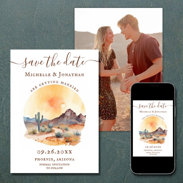 Reserve A Data Casamento de FOTO do Deserto do Sudoeste da Waterc (Printed and Digital - Watercolor Southwestern Desert PHOTO Wedding Save The Date)