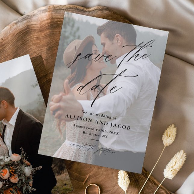 Reserve A Data Casamento de Foto do Script Elegante Salve a Data (Elegant handwritten script wedding photo save the date.)