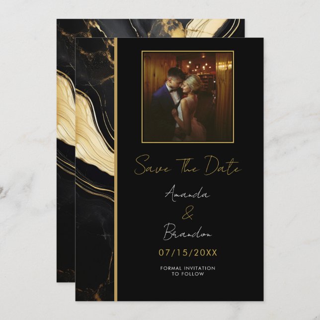 Reserve A Data Casamento de Foto Dourada e Preta do Luxo (Frente/Verso)