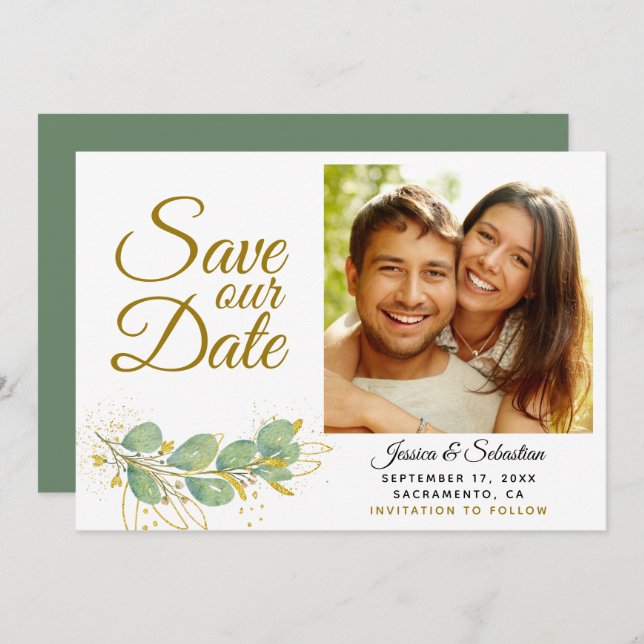 Reserve A Data Casamento de Foto Elegante Eucalyptus Greenery (Frente/Verso)