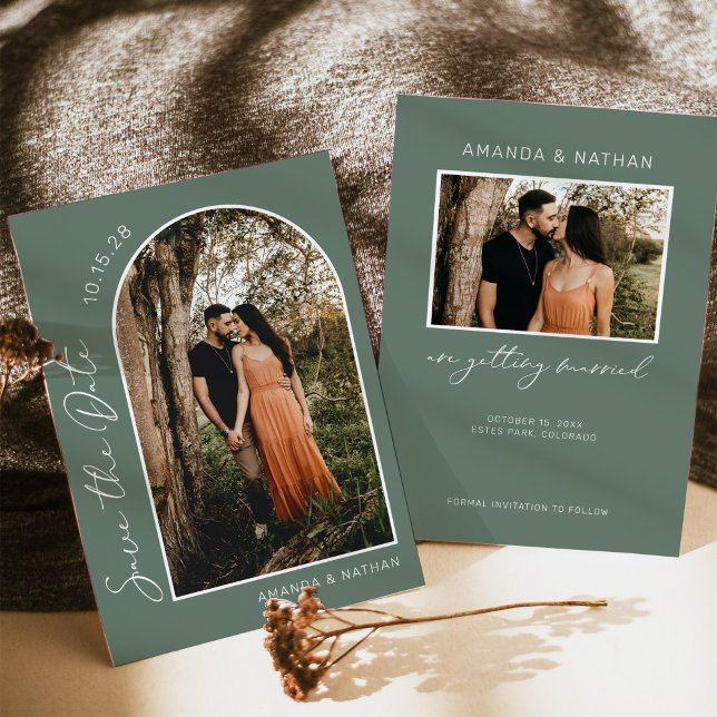 Reserve A Data Casamento de Foto em Arch Simples Verde (Criador carregado)