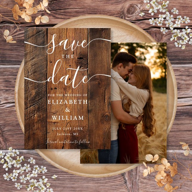 Reserve A Data Casamento de Foto em Boca de Madeira Rústica Boho (Rustic Wood Barn Boho Chic Photo Wedding Save The Date)
