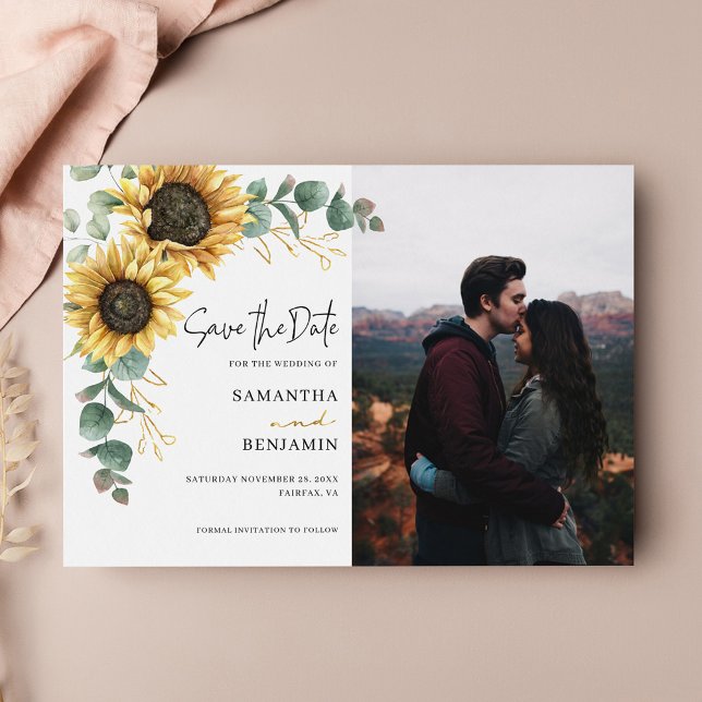 Reserve A Data Casamento de Foto Floral de Sunflower Eucalyptus (Floral Sunflower Script Photo Wedding Save the Date Announcement)