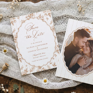 Reserve A Data Casamento de Foto Floral Francês Vintage Laranja