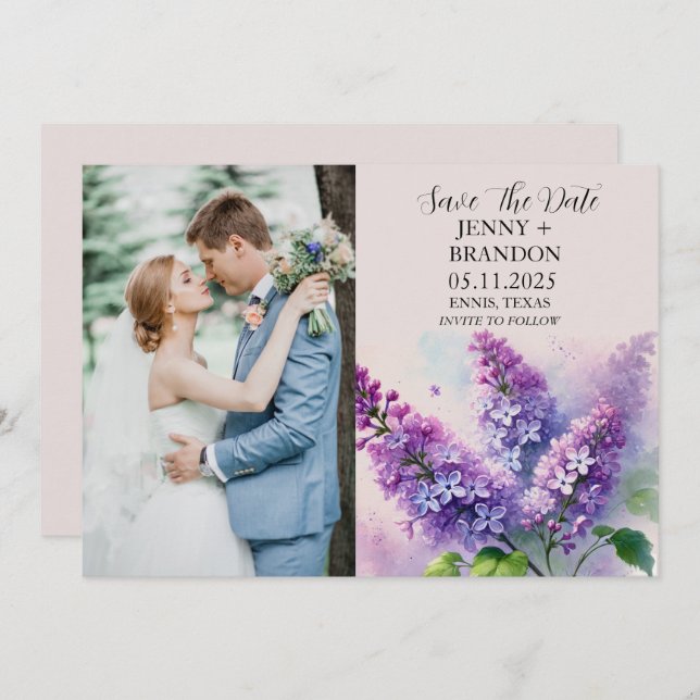 Reserve A Data Casamento de Foto Floral Lilac Roxo Moderno Elegan (Frente/Verso)