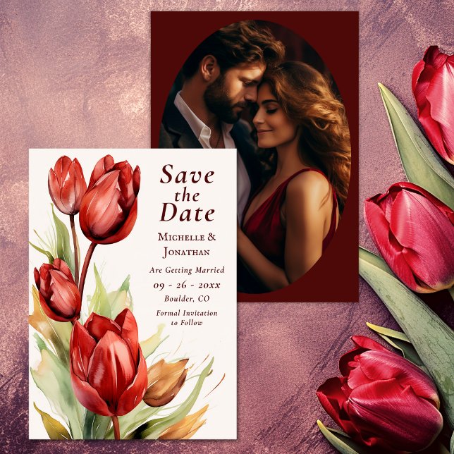 Reserve A Data Casamento De Foto Floral Primavera (Watercolor Red Tulips Spring Floral Photo Wedding Save The Date)