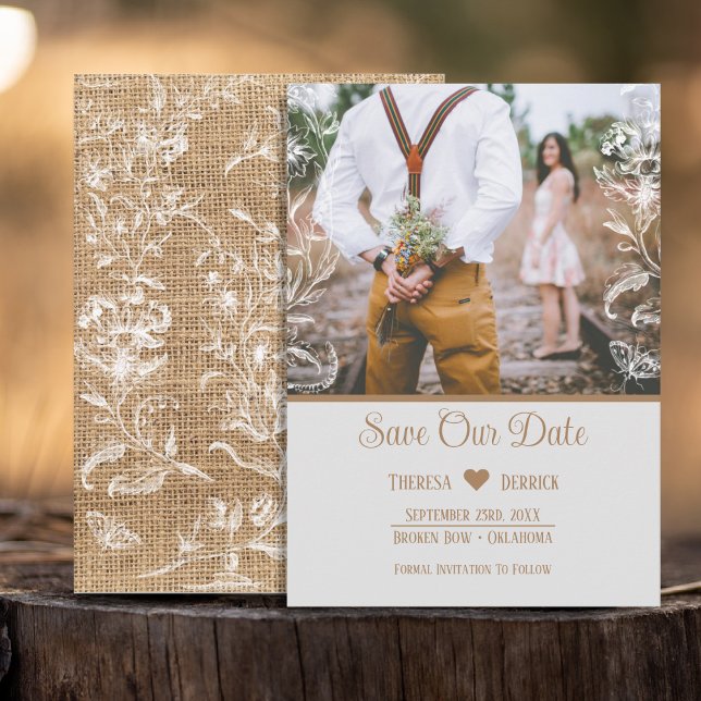 Reserve A Data Casamento De Foto Floral Rustic Burlap Lace (Criador carregado)
