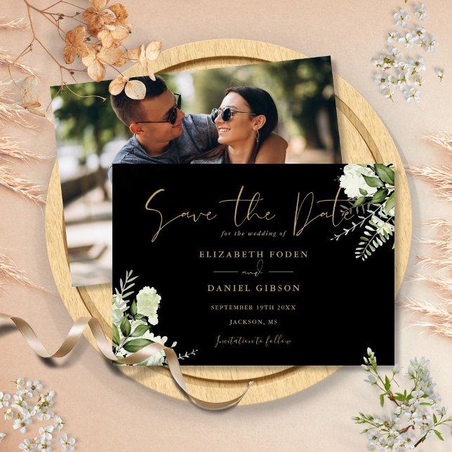 Reserve A Data Casamento de Foto Floral Verde com Preto e Dourado (Black And Gold Greenery Floral Photo Wedding Save The Date)