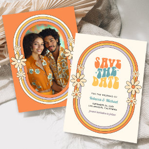 Reserve A Data Casamento de Foto Groovy Colorida Retro dos Anos 7