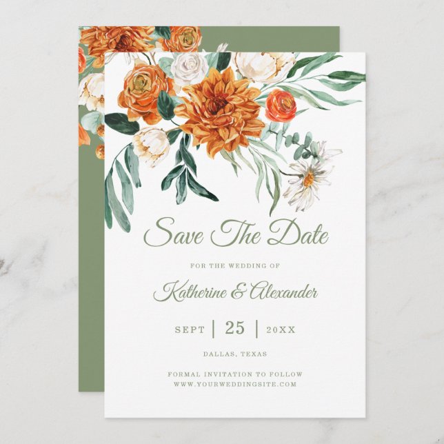 Reserve A Data Casamento de Foto Laranja Floral Elegante Verde (Frente/Verso)