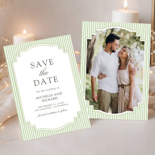 Reserve A Data Casamento de Foto Listrada Verde Sálvia Clássico