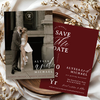 Reserve A Data Casamento de Foto Moderna Simples Vermelho Borgonh