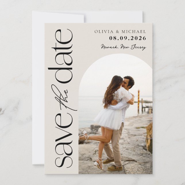 Reserve A Data Casamento de Foto Moderno de Beige Neutral Minimal (Frente)