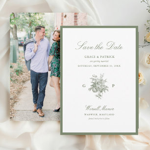 Reserve A Data Casamento de Foto Monograma Floral Verde Salvia Cl