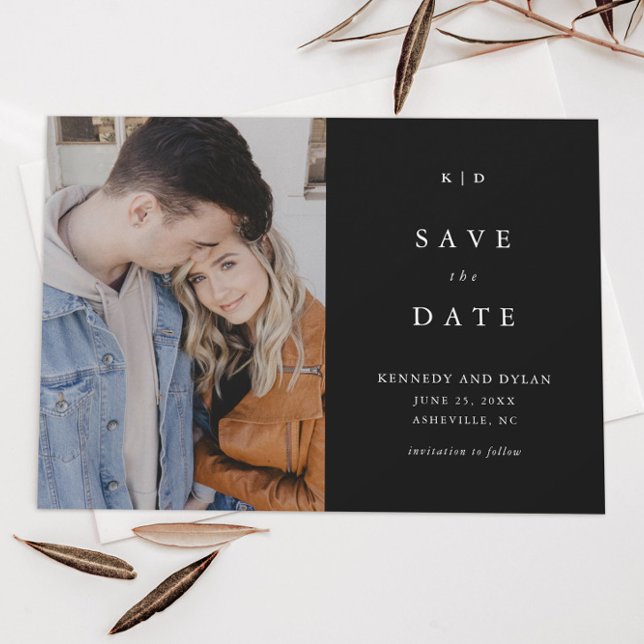 Reserve A Data Casamento de Foto Monograma Simples Preto e Branco (Criador carregado)