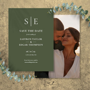 Reserve A Data Casamento de Foto Monograma Verde Oliva