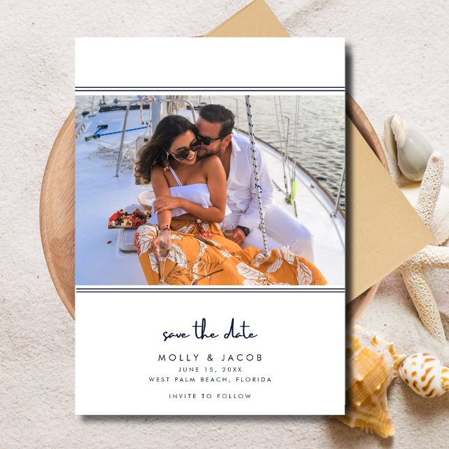 Reserve A Data Casamento de Foto Náutica do Marinho Elegante Salv (Elegant Navy Nautical Photo Wedding Save the Date)