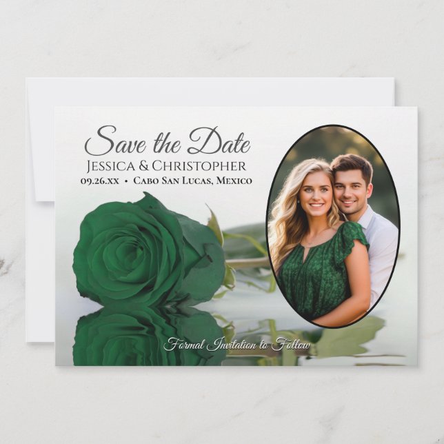 Reserve A Data Casamento de Foto Oval do Rosa Verde Elegante (Frente)