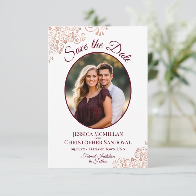 Reserve A Data Casamento de Foto Oval em Rosa Dourado e Borgonha  (Em pé/Frente)