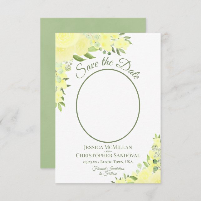 Reserve A Data Casamento de Foto Oval Floral Amarelo (Frente/Verso)