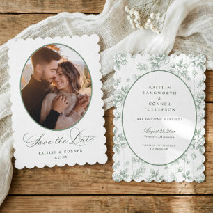 Reserve A Data Casamento de Foto Oval Floral Vintage em Verde Sag