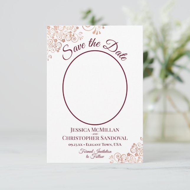 Reserve A Data Casamento de Foto Oval Lace & Burgundy Dourado de  (Em pé/Frente)