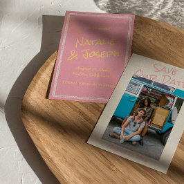 Reserve A Data Casamento de Foto Pastel Colorido Rosa Amarelo Mod