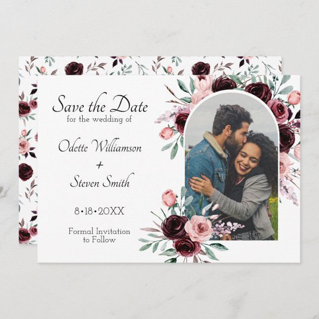 Reserve A Data Casamento De Foto Por Aquarela Da Burgundy (Frente/Verso)