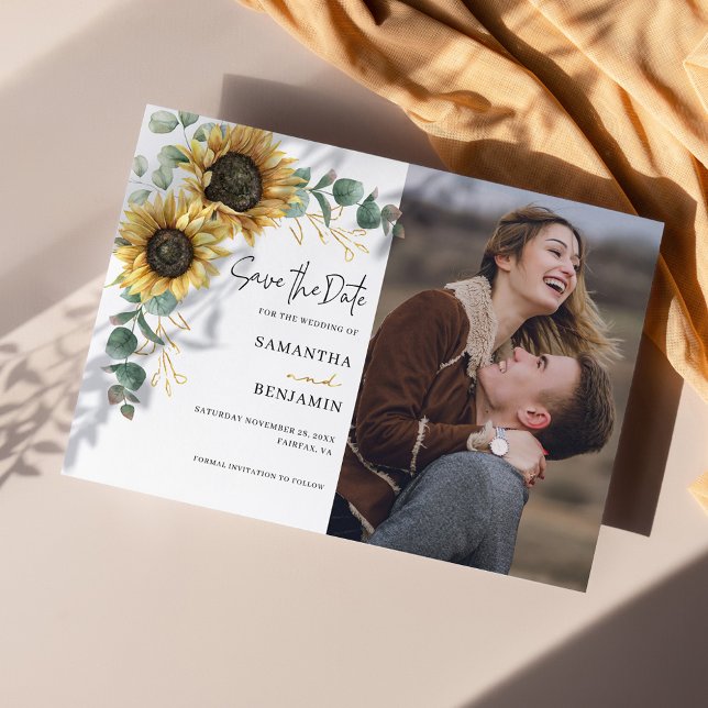 Reserve A Data Casamento de Foto por Aquarela de Sunflower Eucaly (Sunflower Eucalyptus Script Photo Wedding Save the Date Announcement)