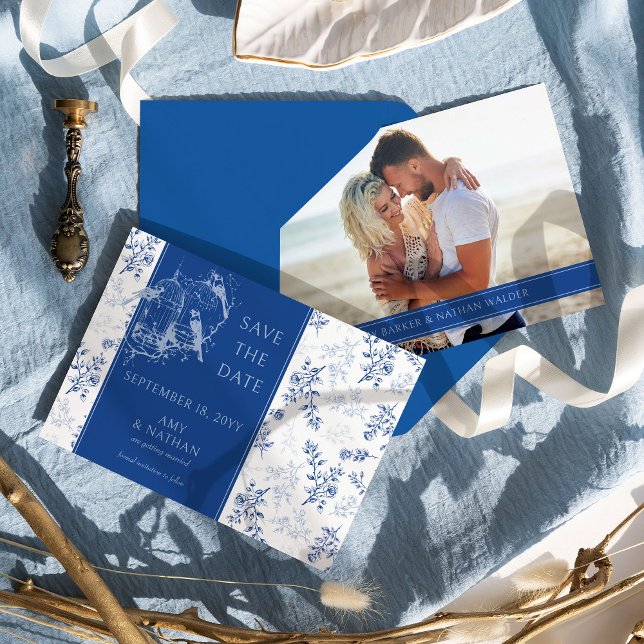 Reserve A Data Casamento de Foto Romântica Chinoiserie Blue (Blue Floral Photo Save the Date from the Chinoiserie Wedding Collection by Darling & May)
