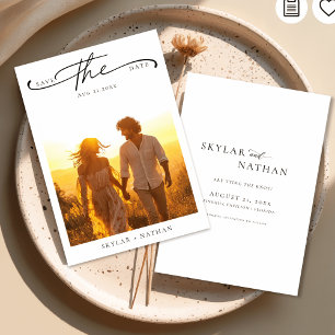 Reserve A Data Casamento de Foto Rustic Boho Sunset, Script Elega
