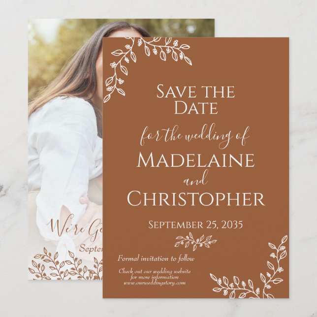 Reserve A Data Casamento de Foto Rustic Terracotta Botanical Boho (Frente/Verso)