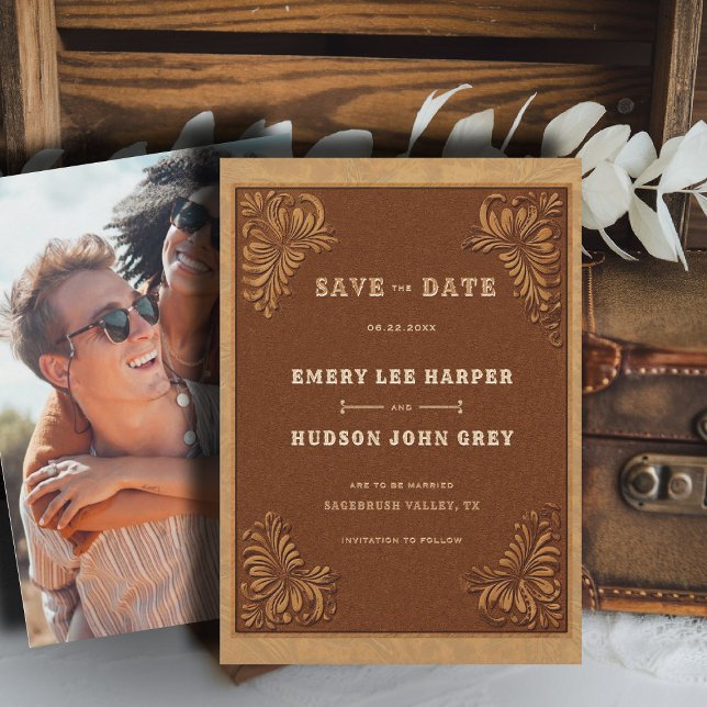 Reserve A Data Casamento de Foto Rústica em Couro Trabalhado Ocid (country rustic cowboy wedding save the date faux tooled leather terracotta rust western barn)